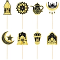 Set di 8 decorazioni per torte Ramadan nero e oro con motivi di moschea e lanterne - Nero Oro (8 Pezzi/Confezione) (Y-00356-1)