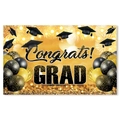 Black and gold graduation banner with Congrats GRAD text and golden balloon decor - Black Gold Graduation Backdrop (J-0471)