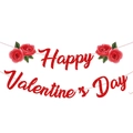 Red glittery Happy Valentine's Day banner with rose details for party decor - Happy Valentine's Day Letter Banner (Y-00517-1)