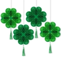 Set di 4 ciondoli a nido d'ape a forma di trifoglio con nappe di seta per San Patrizio - Stile Quadrifoglio (J-0464-2)
