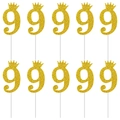 Golden glitter number 9 cake topper with crown design for birthdays, set of 10 pieces - Number 9 Crown Style / 10 Pieces Pack