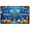 Toile de fond Hanoucca bleu foncé avec ménorah dorée et éléments de fête juifs décoratifs - Toile de Fond Hanukkah Bleu Or (L-00359)