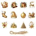 Set di 12 decorazioni natalizie dorate vintage con corde di canapa per l'albero di Natale - Etichette di Natale Oro (G-00011-02)