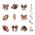 Rugby party decorations set including football and helmet pendants with brown foil swirls - Hanging Swirls Set (G-00041-3)