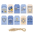 Hanukkah gift tags set with blue and gold Jewish holiday patterns and twine strings - Hanukkah Pattern Tags With Hemp Rope (W-00014)