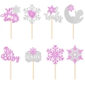 Pink and silver glitter Christmas snowflake and baby shower cupcake toppers set - Set of 8 Toppers (G-00019)