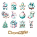 Set de 12 etiquetas navideñas rosa pastel y menta con muñeco de nieve y cordel rústico - Juego de etiquetas navideñas (Y-00487)
