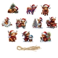 Set di 10 decorazioni natalizie con mucche delle Highland e spago per decori - Etichette di Mucca delle Highlands e Corda di Canapa (W-0002)