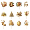 Set of 12 gold Christmas cake toppers featuring Santa, reindeer, and festive motifs - Gold Christmas Small Cake Toppers (G-00011-01)
