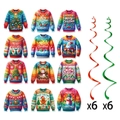 Christmas party decorations set with 12 ugly sweater hanging tags and red green swirls - Christmas Ugly Sweater Swirl Tag Set (Y-00455)