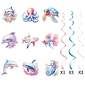 Ocean theme party decorations with colorful sea animal cards and hanging foil swirls - Ocean Theme Swirl Set (G-0005)