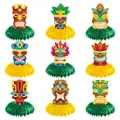 Lot de 9 décorations de table Tiki d'Hawaï avec alvéoles colorées pour fête tropicale - Masque Tiki Hawaïen Et Base En Nid d'Abeille (J-0341)