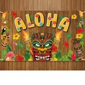 Φόντο τροπικού πάρτι Luau με μάσκα Tiki και κείμενο Aloha σε ξύλινη υφή επιφάνειας - Χαβανέζικο Τροπικό Στυλ (J-0344) / Μονό Φύλλο