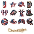 USA Independence Day wooden gift tags set with patriotic patterns and natural jute twine - 12-Piece Set (Q-0001)