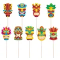 Nove decorazioni colorate con maschere Tiki per feste hawaiane su sfondo bianco - Set di 9 Carte per Inserti Maschera Tiki (J-0340)