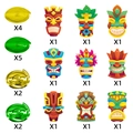 Set decorativo per festa Tiki Hawaii con 9 maschere tribali e riccioli appesi colorati - Set Maschere Tiki (J-0339)