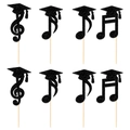 8 adornos para cupcakes de notas musicales con purpurina negra y birretes de graduación - 8 Unidades/Paquete (J-0327)