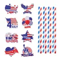 Independence Day party set with 8 red and blue striped straws and themed card inserts - Toppers And Straws Set