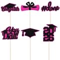 6-piece hot pink and black glitter 2026 graduation vase toppers with cap and diploma - 6 Pcs/Pack (J-0323)