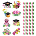 Hawaiianische Abschlussfeier Strohhalm-Deko mit Hibiskus- und Diplom-Motiven - Dekorative Karten und Papierstrohhalme Set (Y-00374)
