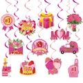 Roze Moederdag plafondversiering met Best MOM bordjes en feestelijke decoraties - Kaarten, Spiraaldecoraties En Haken (J-0330)