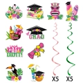 Hawaiian graduation party ceiling decorations with tropical flamingos and spiral swirls - Cards And Spirals