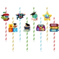 Set of 8 colorful kindergarten graduation party paper straws with themed card decorations - Graduation Theme Cards And Straws (J-0317)