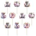 10er-Set Cartoon-Drachen-Cupcake-Topper mit rosa Blumen und Holzstäbchen für Partys - Cartoon Drachen Stil (L-00251)