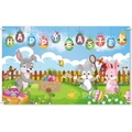 Happy Easter party backdrop banner with colorful eggs rabbits and a red barn - Bunny Egg Party Backdrop (L-00260)