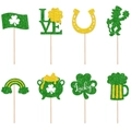 8pcs St. Patrick's Day glitter cake toppers featuring shamrock and lucky gnome designs - Glitter Festival Elements Mix (L-00244)