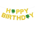 Happy Birthday Banner mit goldenem Glitzer und grünen Kleeblättern für St. Patrick's Day Deko - Happy Birthday Banner