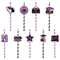 Purple and black striped graduation straws with glittery grad cap and scroll toppers - Purple Style (L-00264-4)