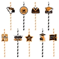 Graduation party straws with black and orange glitter toppers and congrats grad motifs - Orange Style (L-00264-5)