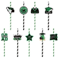 9-piece graduation party straws with green and black glitter caps and diplomas - Green Style (L-00264-6)