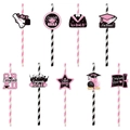 Pink and black graduation party straws with glitter congrats grad toppers set - Pink Style (L-00264-7)