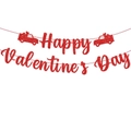 Striscione rosso Happy Valentine's Day glitterato con pickup retrò e cuori scintillanti - Stile Striscione (L-00215-1)