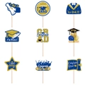 Set di 9 decorazioni per cupcake di laurea in blu reale e oro glitterato con bastoncini - Blu