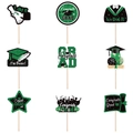 Glitter graduation cupcake toppers in green and black colors with diverse party designs - Green