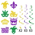 Dettaglio di decorazioni a spirale Mardi Gras con maschere viola oro e verdi per feste - 8 Pezzi/Confezione (Y-00334)
