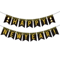 Bannière Happy New Year 2025 noir et or avec motifs sablier 2026 pour décoration de fête - Style Happy New Year Noir Or (J-0023-2)