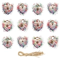 Set of 12 vintage floral heart-shaped hanging tags with jute twine for party decor - Heart Tags And Hemp Rope