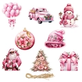 Pink Christmas ornaments set featuring vintage truck, snowman, and tree with jute twine - 8-Piece Set (L-00209)