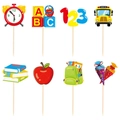 Dettaglio di 8 decorazioni per cupcake a tema scuola con scuolabus e articoli di cancelleria - Topper Per Torta Piccoli a Tema Campus (Y-00270-3)