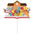 Dettaglio di topper per torta a tema rientro a scuola con motivi di articoli scolastici - Topper Grande per Torta Welcome Edificio Scolastico (Y-00271-2)