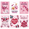 6er-Set Valentinstag Weinaufkleber mit rosa Herz- und Blumenillustrationen - Valentinstag-Themen-Set (L-00213)