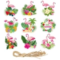 Détail de 9 étiquettes de fête flamant rose avec motifs tropicaux et ficelle naturelle - Ensemble d'Été Flamingo 9pcs (Y-00248)