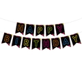 Striscione Buon Compleanno neon con schizzi colorati su sfondo nero per decorazione - Banner Happy Birthday (L-0070-1)