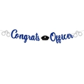 Striscione Congrats Officer blu glitter con manette argento e cappello da polizia - Banner di Lettere (L-00108-1)