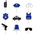 9-piece glitter police themed cake toppers featuring handcuffs, police car and badge - Cupcake Toppers Set (L-00108-4)