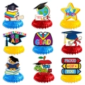 Set of 9 graduation honeycomb centerpieces with cartoon owl and cap designs - 9 Pcs Set